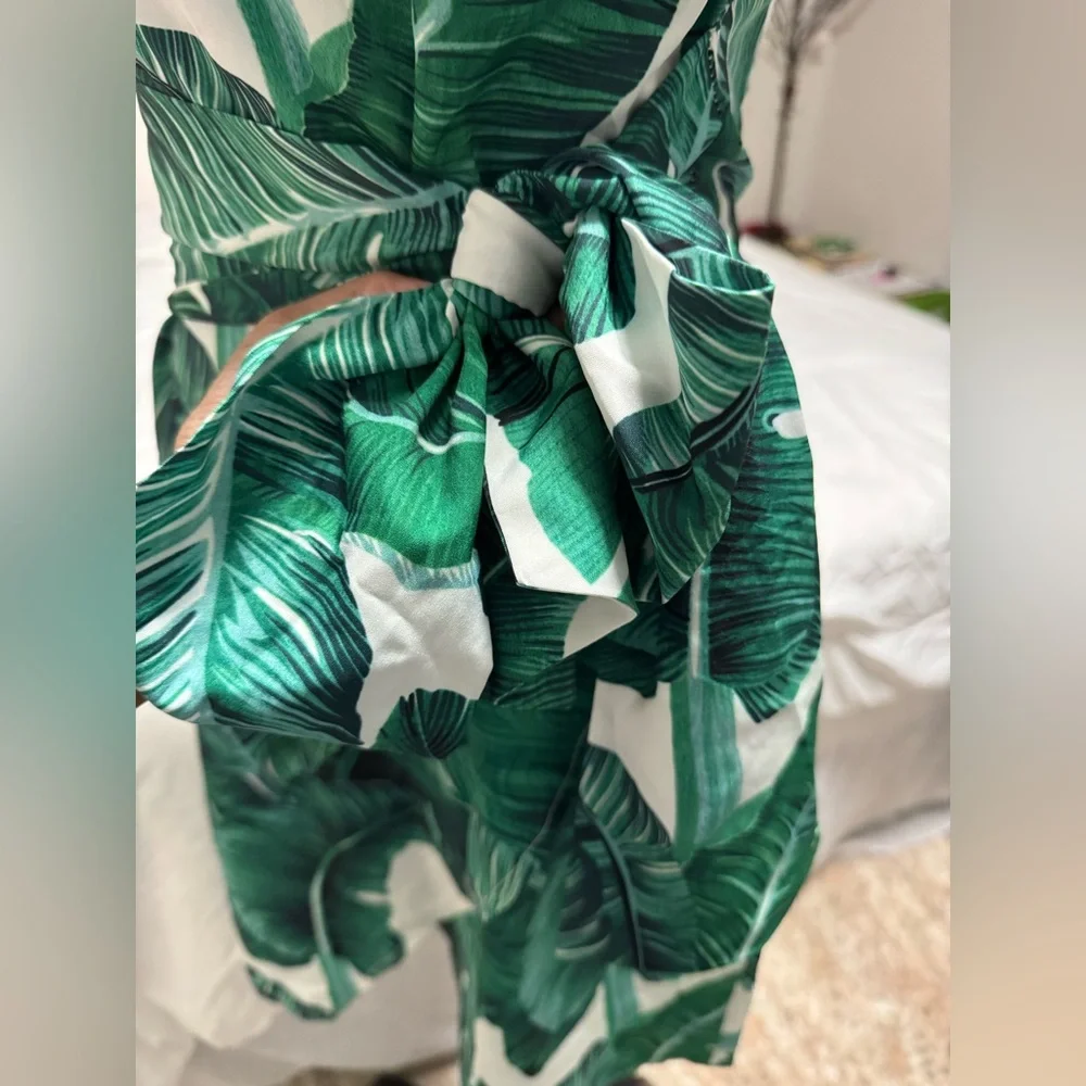Green&White Palm Print Tie Waist - Picture 4 of 9